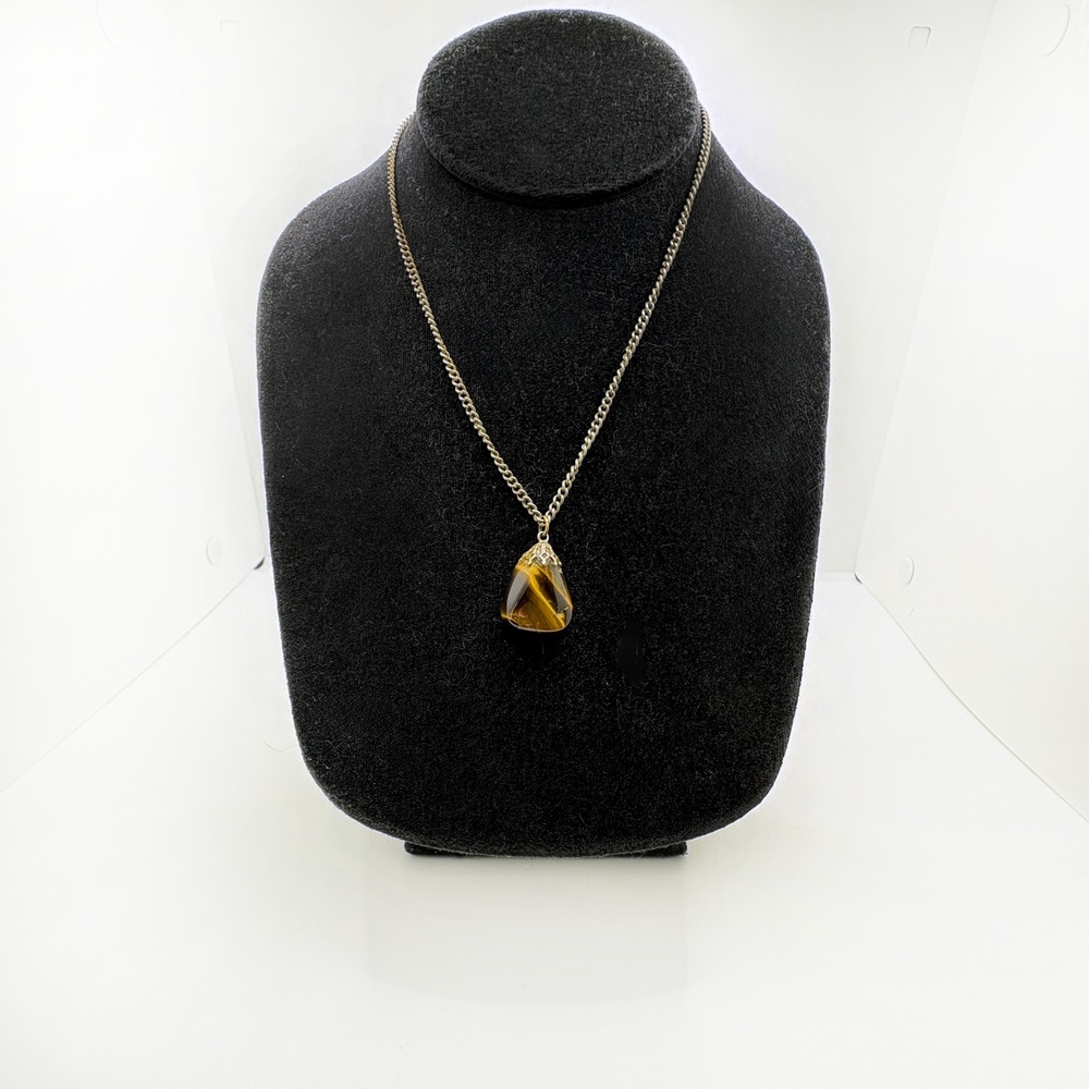 Vintage Gemstone Necklace Tiger Eye Pendant w/ Chain
